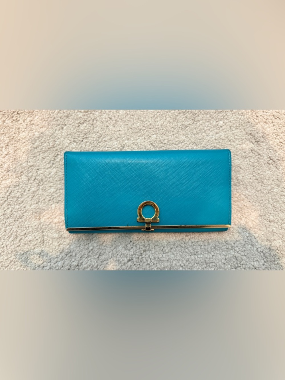 Ferragamo Gancini Blue Leather Clutch Long Wallet Gold Hardware Authentic